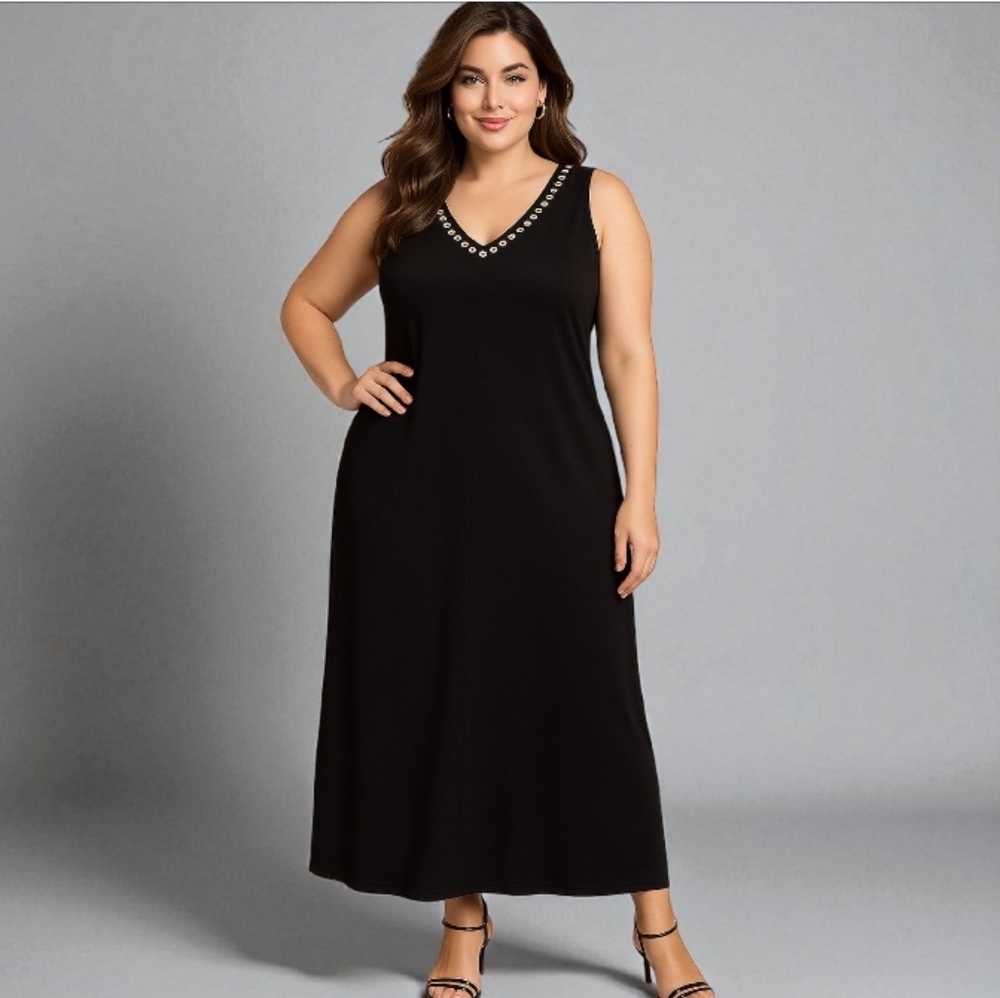 NWOT Roamans Black Stretch Knit Maxi Dress with Gold Grommet Details